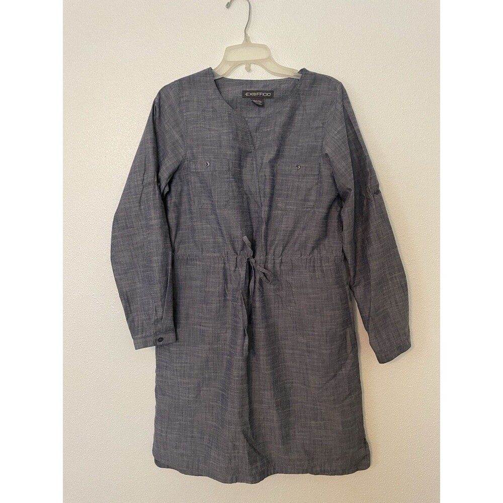 ExOfficio Shirt Dress Womens Medium Gray Nylon Vented Travel Roll Tab Pockets